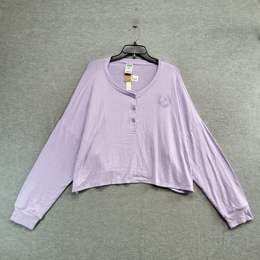 PINK Victoria's Secret Women Sleepwear 2XL Purple Crop Henley Shirt Logo NWT‎